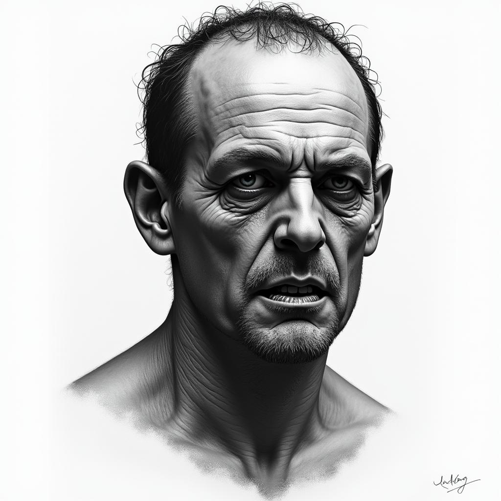 Three Fingers is a character from the "Wrong Turn" horror movie franchise, known for his cannibalistic and violent behavior. He is part of a family of inbred mutants living in the backwoods of West Virginia, and is recognized for his distinctive physical appearance, including having only three fingers on one hand. The character embodies the terrifying aspects of survival horror, often pursued by protagonists who find themselves lost in the woods.higly detailed tattoo