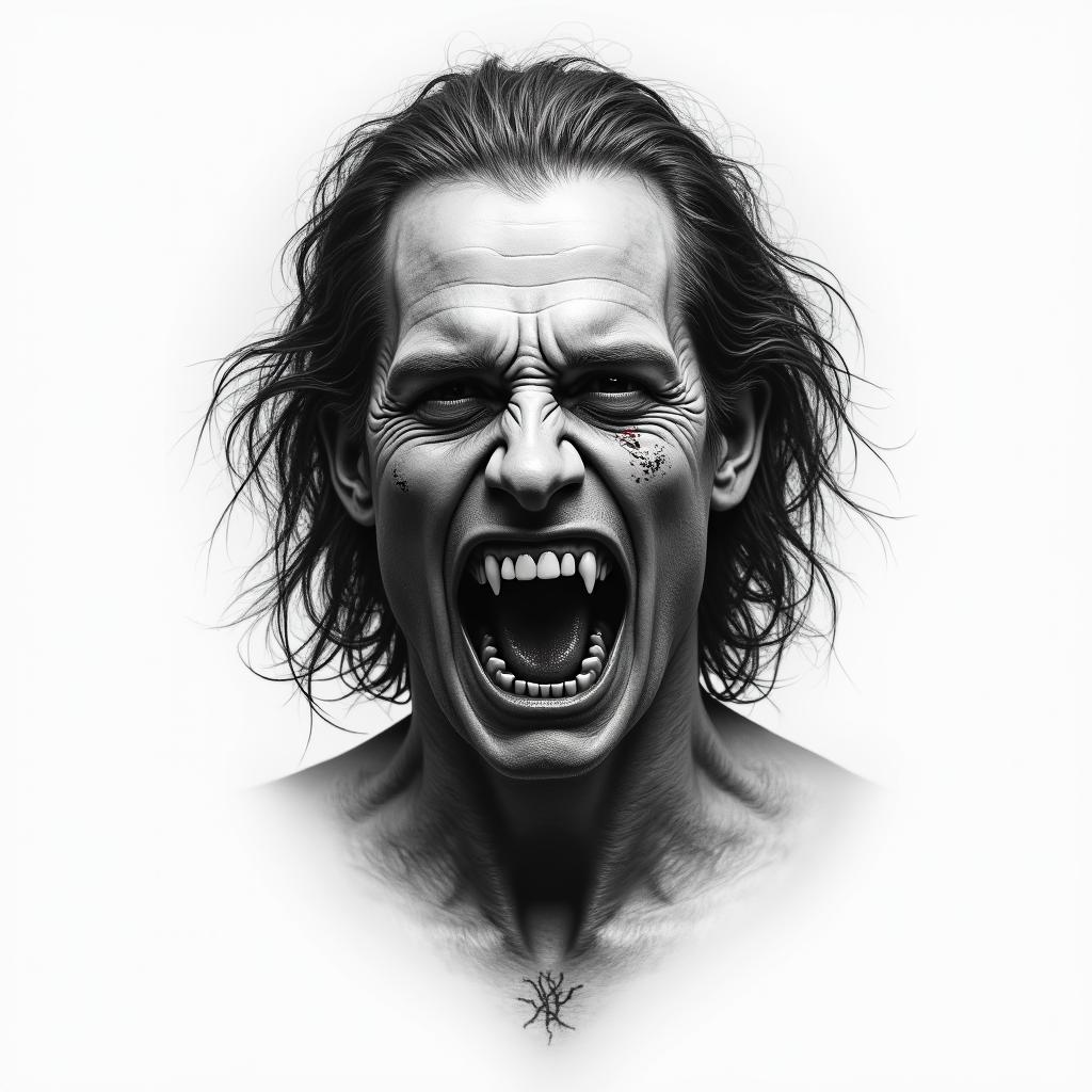 Three Fingers is a character from the "Wrong Turn" horror movie franchise, known for his cannibalistic and violent behavior. He is part of a family of inbred mutants living in the backwoods of West Virginia, and is recognized for his distinctive physical appearance, including having only three fingers on one hand. The character embodies the terrifying aspects of survival horror, often pursued by protagonists who find themselves lost in the woods.higly detailed tattoo - Variation 2