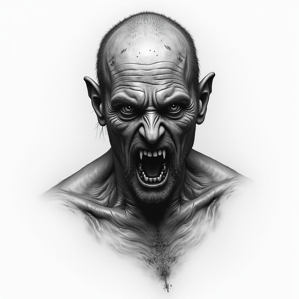 Three Fingers is a character from the "Wrong Turn" horror movie franchise, known for his cannibalistic and violent behavior. He is part of a family of inbred mutants living in the backwoods of West Virginia, and is recognized for his distinctive physical appearance, including having only three fingers on one hand. The character embodies the terrifying aspects of survival horror, often pursued by protagonists who find themselves lost in the woods.higly detailed tattoo - Variation 4