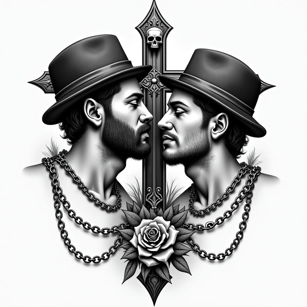 3 brothers who love it each otherin chicano style tattoo, featuring intricate black and grey shading, bold elements of traditional chicano culture symbols, add a big cross with skull, chains and roses - Variation 2