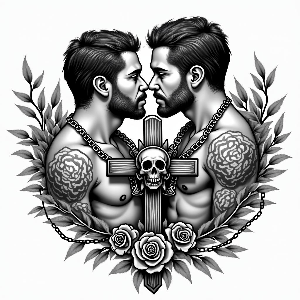 3 brothers who love it each otherin chicano style tattoo, featuring intricate black and grey shading, bold elements of traditional chicano culture symbols, add a big cross with skull, chains and roses - Variation 4