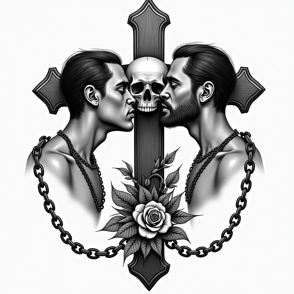 3 brothers who love it each otherin chicano style tattoo, featuring intricate black and grey shading, bold elements of traditional chicano culture symbols, add a big cross with skull, chains and roses