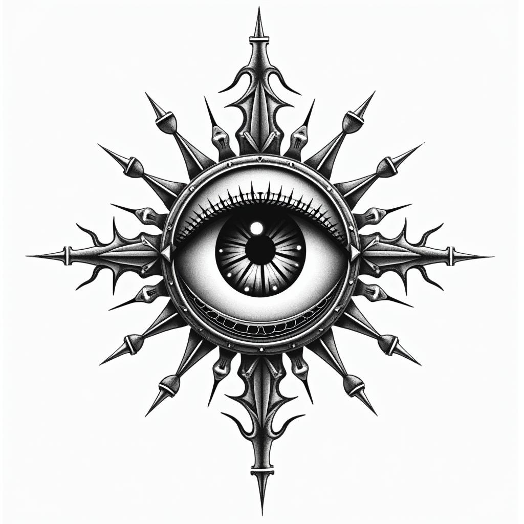 Alessio ❤️in prophecy tattoo style, featuring mystical symbols, celestial imagery like stars, moons, suns, geometric patterns, foretelling elements, an eye of wisdom - Variation 4