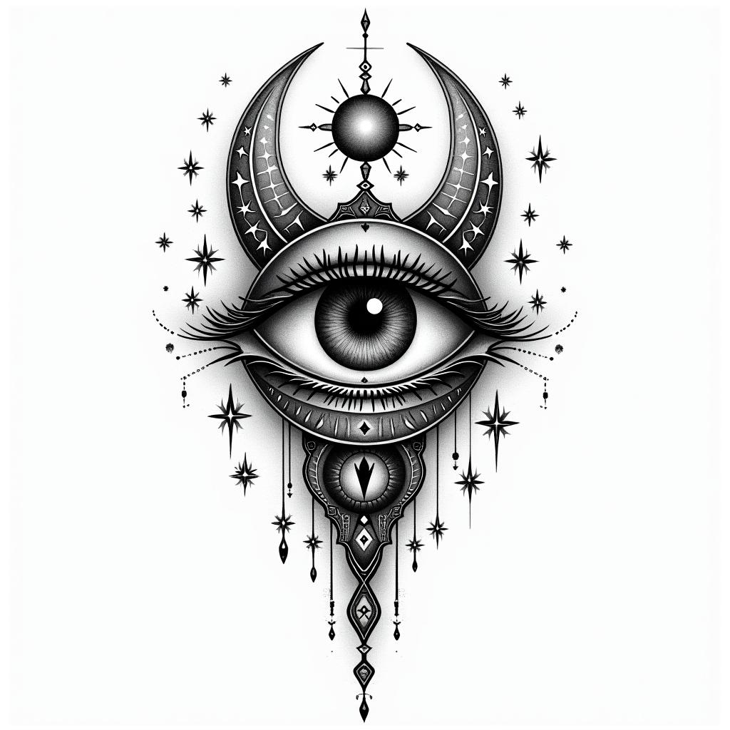 Alessio ❤️in prophecy tattoo style, featuring mystical symbols, celestial imagery like stars, moons, suns, geometric patterns, foretelling elements, an eye of wisdom - Variation 2