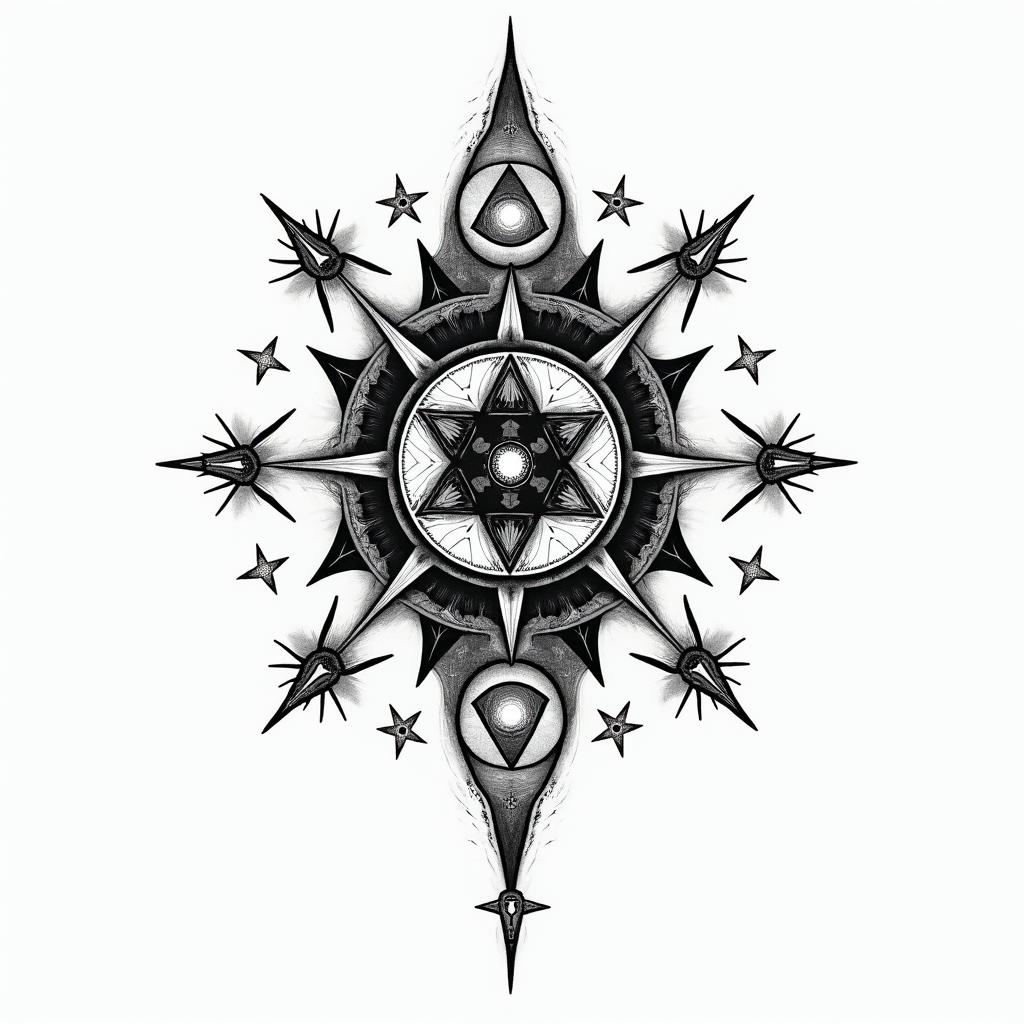 Alessio ❤️in prophecy tattoo style, featuring mystical symbols, celestial imagery like stars, moons, suns, geometric patterns, foretelling elements, an eye of wisdom