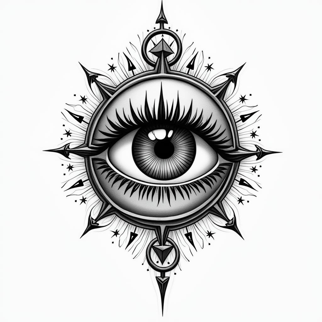 Alessio ❤️in prophecy tattoo style, featuring mystical symbols, celestial imagery like stars, moons, suns, geometric patterns, foretelling elements, an eye of wisdom - Variation 3
