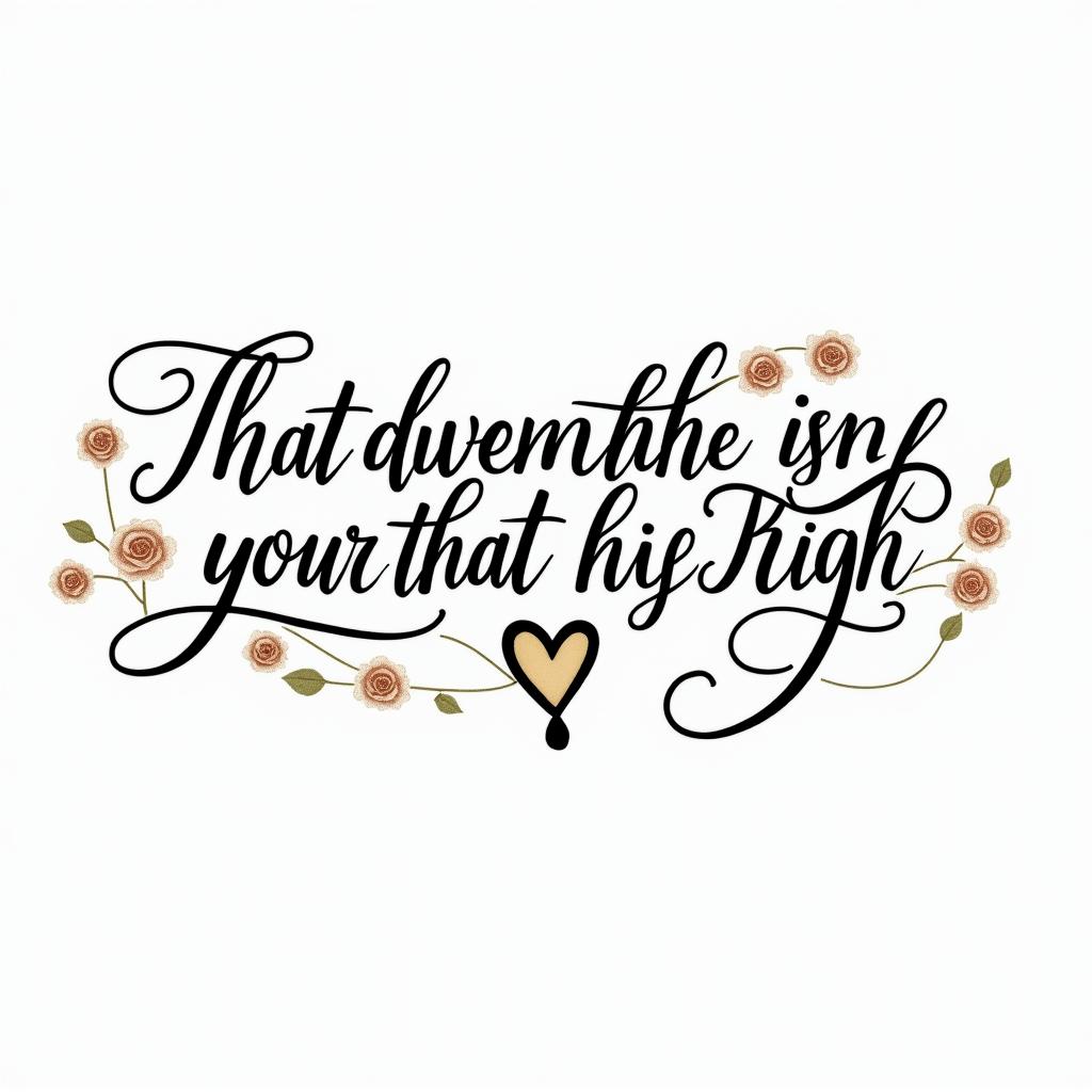 Psalm 91
He that dwelleth in the secret place of the most High shall abide under the shadow of the Almighty (in words)in elegant cursive calligraphy style 2d tattoo, decorate with roses, featuring a smooth and flowing handwritten script with slightly thickened strokes for a luxurious and bold appearance,  heart symbol between names,  sleek and glossy black text with shadowing, minimalist matte white background, clean and sharp edges, illuminated with soft lighting, romantic, 8k, high-quality textures with refined typography - Variation 2