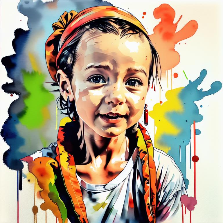  vibrant watercolor portrait with graffiti style face, fully white background, ,face with soft blending of warm and cool tones (orange, yellow, green),using shades of colors, contrast between light and shadow on the face, Bold color splashes and abstract drips in the background for a dynamic, artistic vibe, highly detailed tattoo, fully white background , dskinkpunkundefined - Variation 24