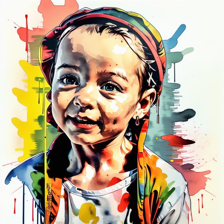  vibrant watercolor portrait with graffiti style face, fully white background, ,face with soft blending of warm and cool tones (orange, yellow, green),using shades of colors, contrast between light and shadow on the face, Bold color splashes and abstract drips in the background for a dynamic, artistic vibe, highly detailed tattoo, fully white background , dskinkpunkundefined - Variation 23