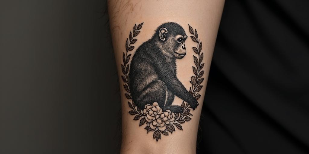 My late partner who dies loved monkeys and coffee and was from Rhode Island.in victorian style tattoo, featuring vintage and elegant elements, ornate frames, roses, antique, sepia-toned color scheme
