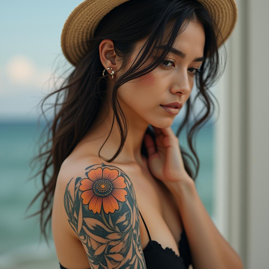 Sílvia, saggitarius, love to read, love the ocean and beachesin realism tattoo style, featuring a highly detailed, lifelike, capturing every detail, photorealistic, ultra realistic, intricate shading, smooth and sharp,   - Variation 3