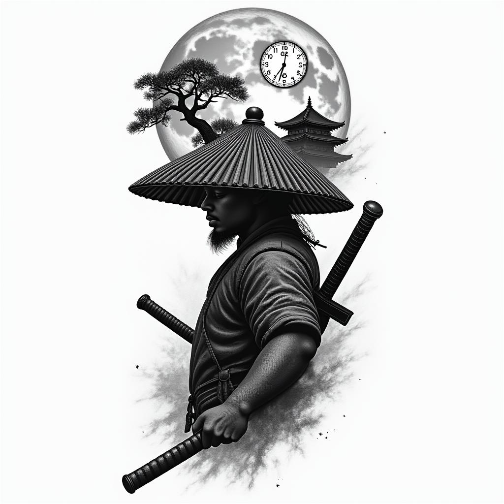 I want a tattoo covering the left side of my back with a samurai solider (of a mixture of African American & Hispanic culture)
with his hat covering half of his face holding a sword in his hand in action with a bonsai tree and a temple behind him with a moon on the top corner. And inside the moon there will be a clock reading 6:25higly detailed tattoo