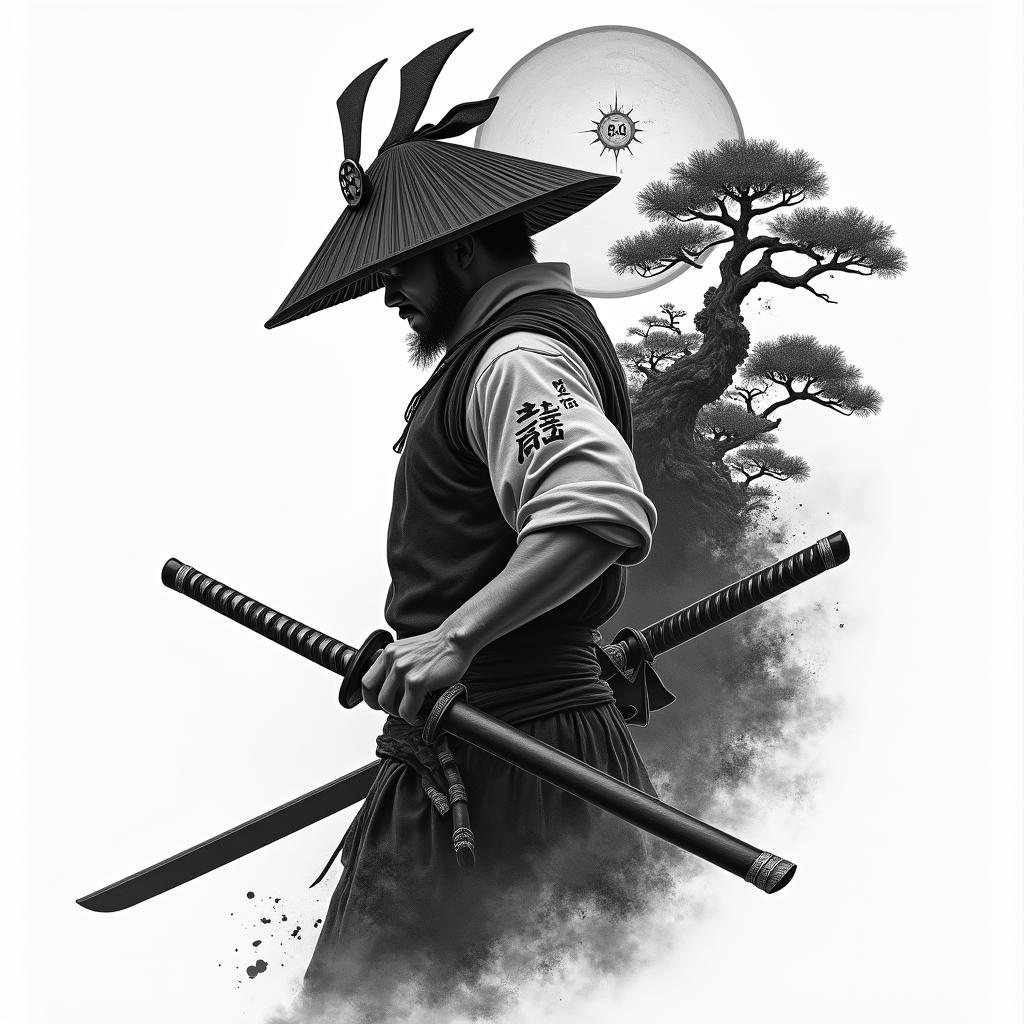 I want a tattoo covering the left side of my back with a samurai solider (of a mixture of African American & Hispanic culture)
 with his hat covering half of his face holding a sword in his hand in action with a bonsai tree and a temple behind him with a moon on the top corner. And inside the moon there will be a clock reading 6:25higly detailed tattoo - Variation 2