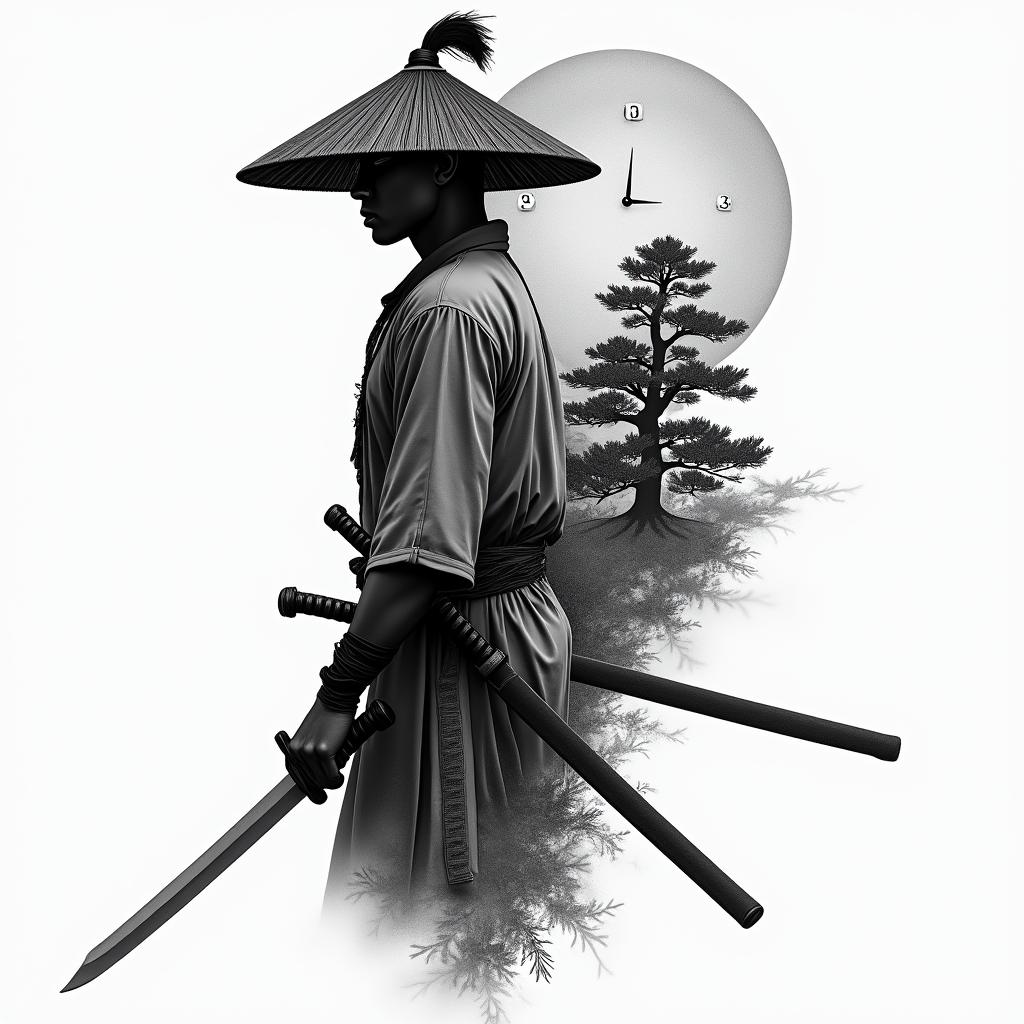 I want a tattoo covering the left side of my back with a samurai solider (of a mixture of African American & Hispanic culture)
 with his hat covering half of his face holding a sword in his hand in action with a bonsai tree and a temple behind him with a moon on the top corner. And inside the moon there will be a clock reading 6:25higly detailed tattoo - Variation 3