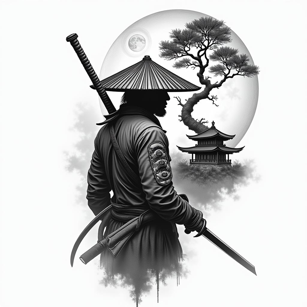 I want a tattoo covering the left side of my back with a samurai solider (of a mixture of African American & Hispanic culture)
 with his hat covering half of his face holding a sword in his hand in action with a bonsai tree and a temple behind him with a moon on the top corner. And inside the moon there will be a clock reading 6:25higly detailed tattoo - Variation 4
