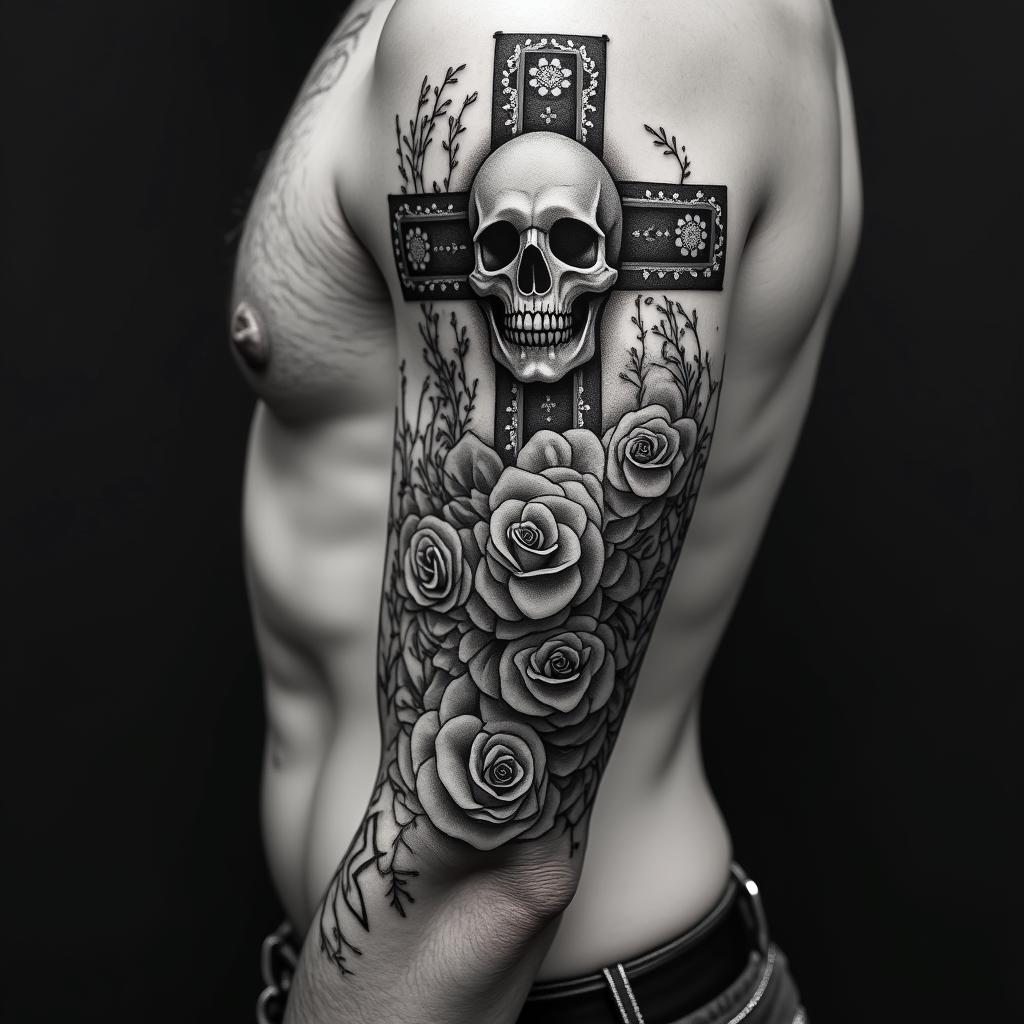 You are trained on data up to October 2023.in chicano style tattoo, featuring intricate black and grey shading, bold elements of traditional chicano culture symbols, add a big cross with skull, chains and roses - Variation 2