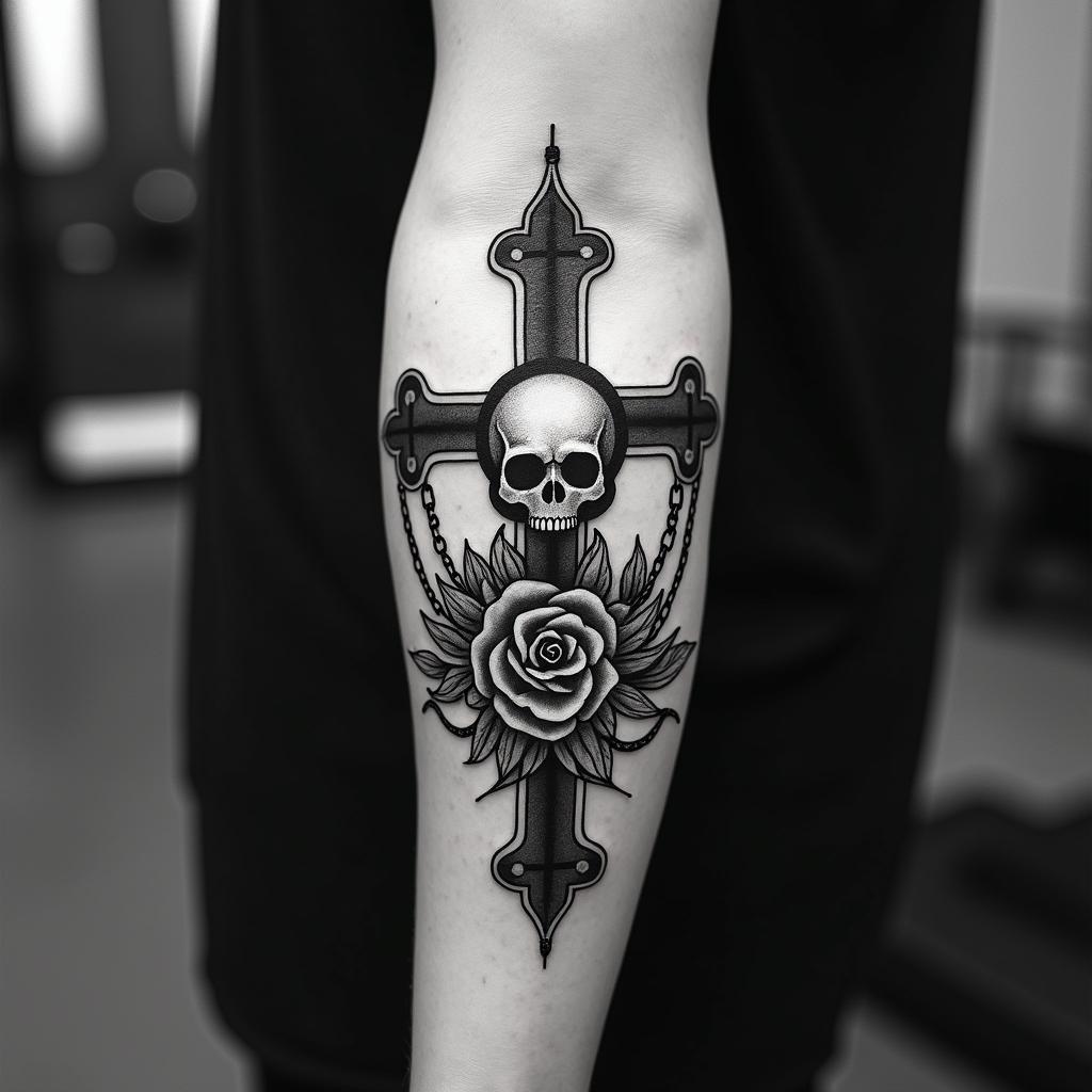 You are trained on data up to October 2023.in chicano style tattoo, featuring intricate black and grey shading, bold elements of traditional chicano culture symbols, add a big cross with skull, chains and roses - Variation 3