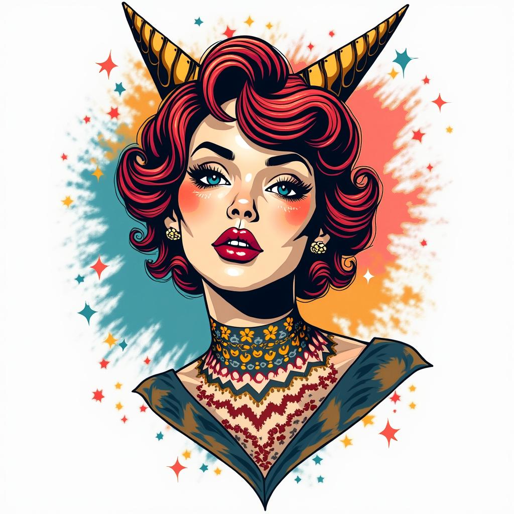 Alexis,capricornio,18011984in pop art style tattoo, featuring bold and vibrant colors, exaggerated outlines, iconic imagery, inspired by comic books and speech bubbles, comic book characters, retro pop culture - Variation 3