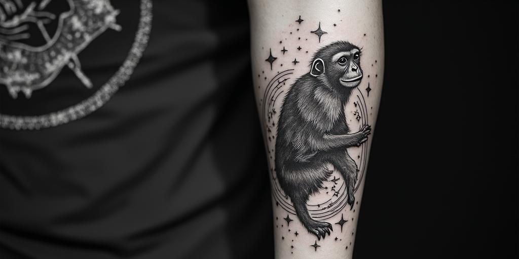 My late partner who dies loved monkeys and coffee and was from Rhode Island.in prophecy tattoo style, featuring mystical symbols, celestial imagery like stars, moons, suns, geometric patterns, foretelling elements, an eye of wisdom