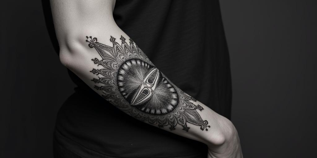 My late partner who dies loved monkeys and coffee and was from Rhode Island.in prophecy tattoo style, featuring mystical symbols, celestial imagery like stars, moons, suns, geometric patterns, foretelling elements, an eye of wisdom - Variation 3
