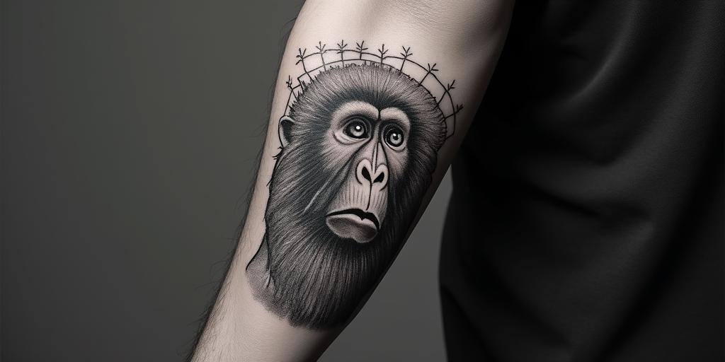 My late partner who dies loved monkeys and coffee and was from Rhode Island.in prophecy tattoo style, featuring mystical symbols, celestial imagery like stars, moons, suns, geometric patterns, foretelling elements, an eye of wisdom - Variation 4