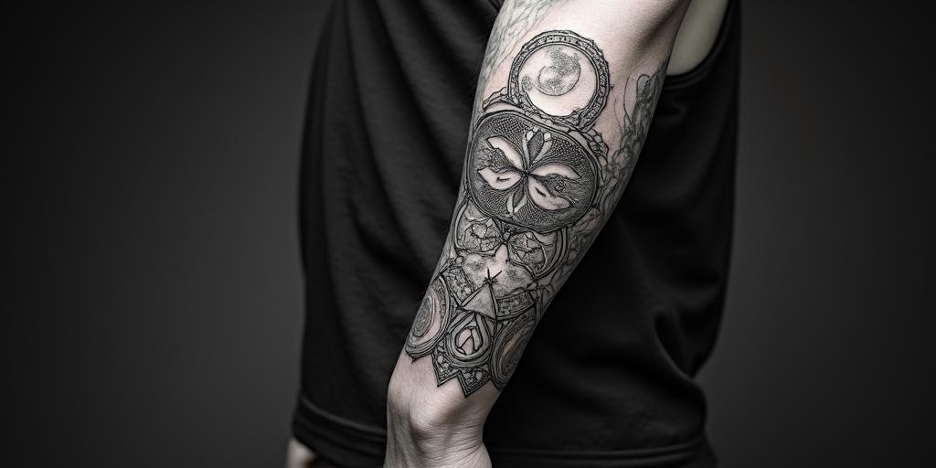 My late partner who dies loved monkeys and coffee and was from Rhode Island.in prophecy tattoo style, featuring mystical symbols, celestial imagery like stars, moons, suns, geometric patterns, foretelling elements, an eye of wisdom - Variation 2