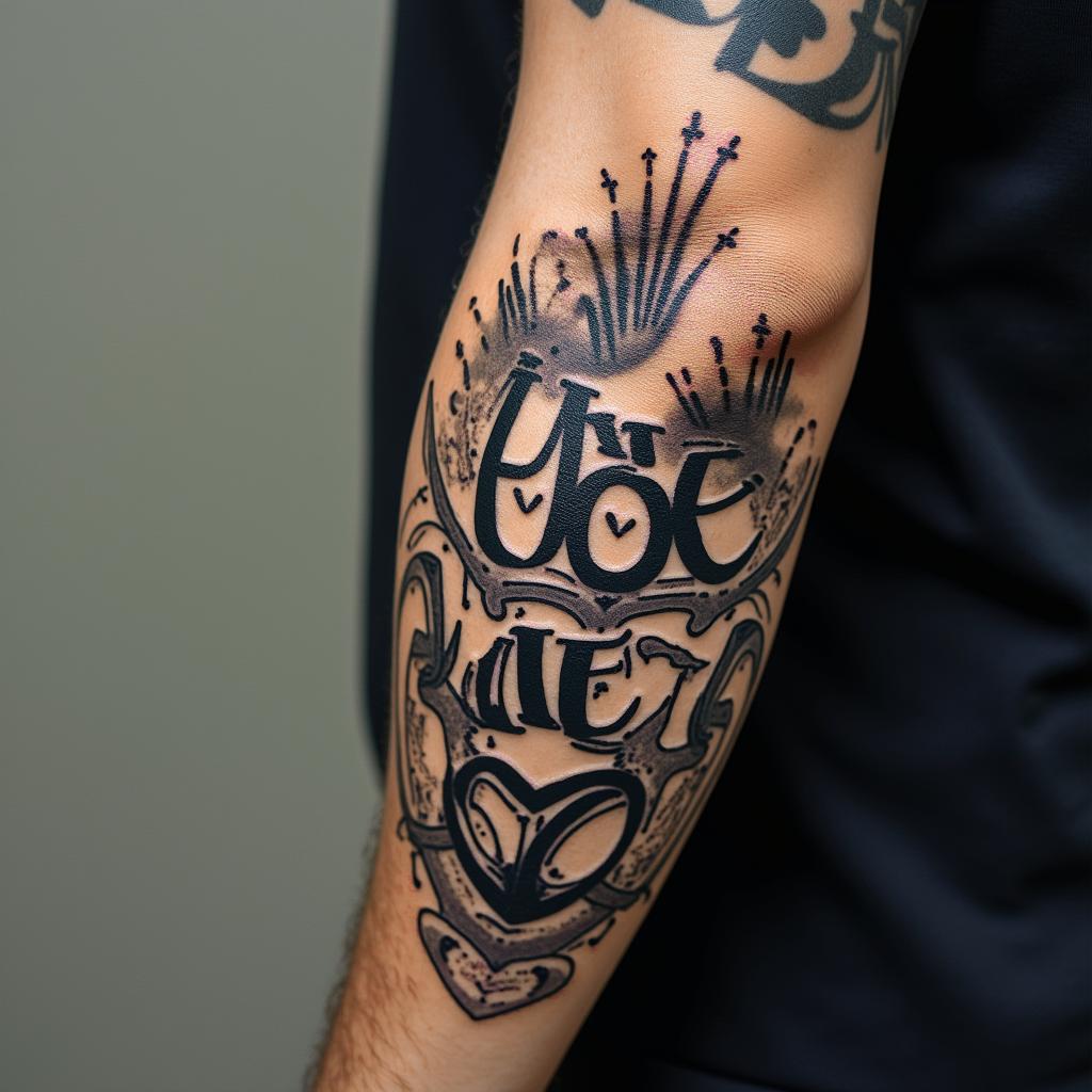 New Mexicoin graffiti style tattoo, featuring bold and dynamic street art elements, spray-paint texture with exaggerated lines and expressive, chaotic brushstrokes, intricate lettering incorporated with graffiti tags, symbols like hearts, stars, and wings - Variation 1