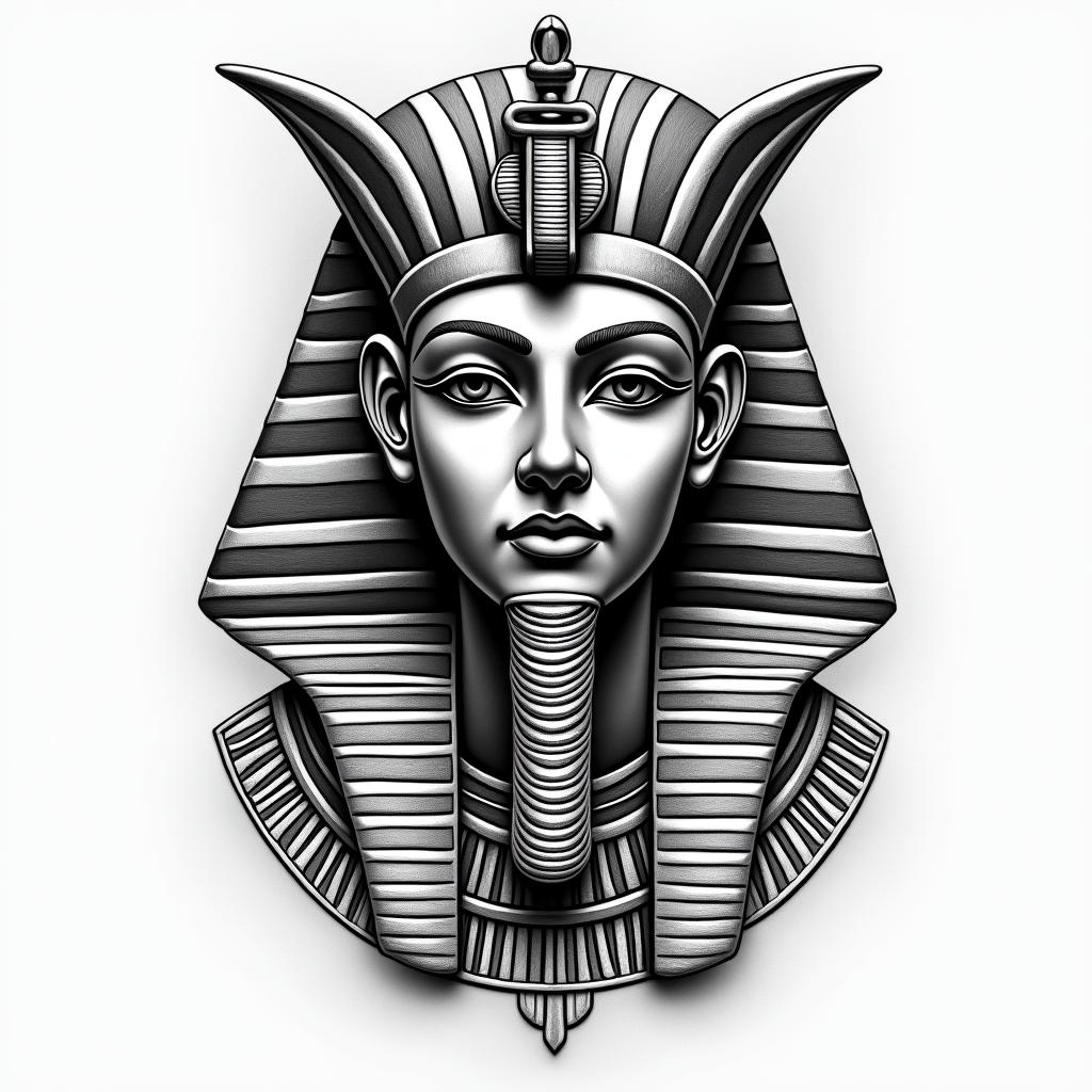 Jörmungandrin egyptian style tattoo, bold elements of ancient egyptian culture including a portrait of an Egyptian pharaoh with detailed facial features, in hieroglyphs and symbolic imagery, eye of horus, ankh symbol, scarab beetle - Variation 2