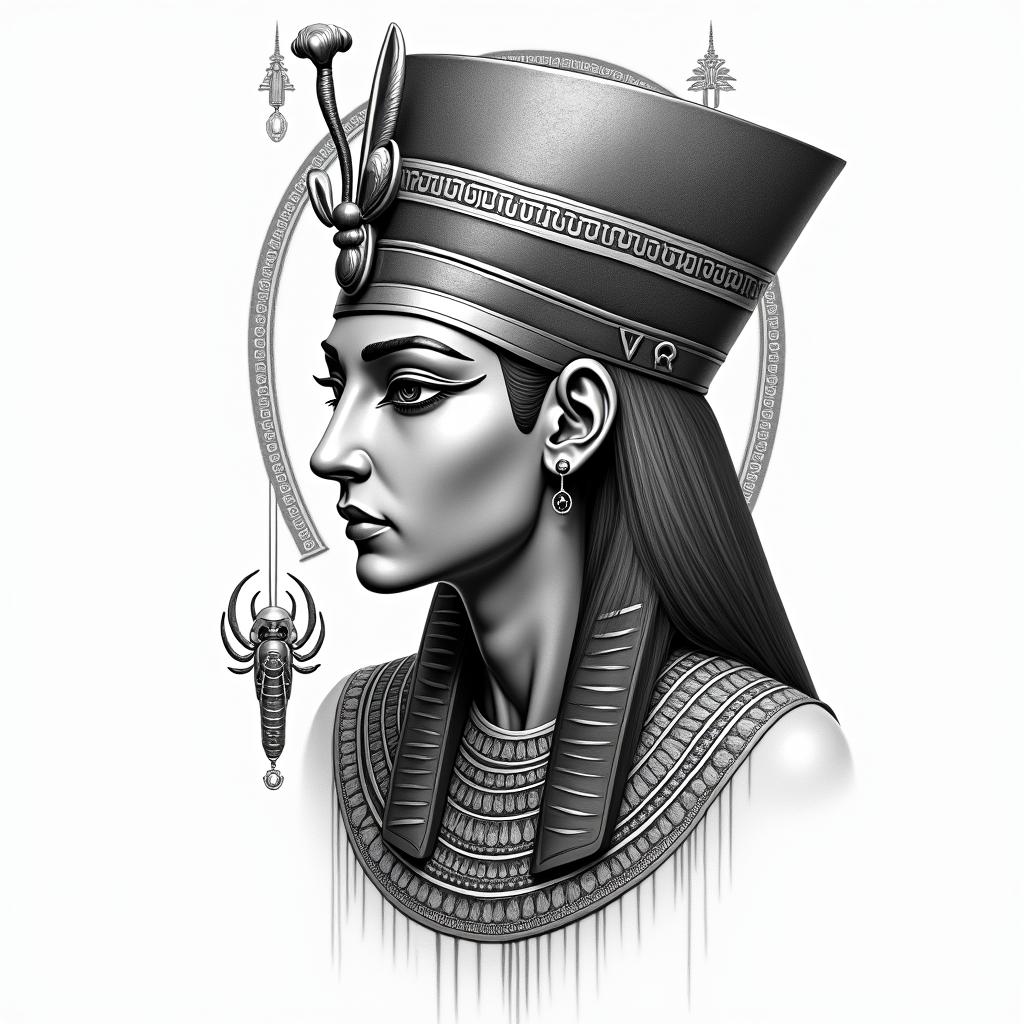 Jörmungandrin egyptian style tattoo, bold elements of ancient egyptian culture including a portrait of an Egyptian pharaoh with detailed facial features, in hieroglyphs and symbolic imagery, eye of horus, ankh symbol, scarab beetle - Variation 4