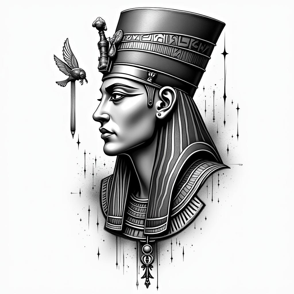 Jörmungandrin egyptian style tattoo, bold elements of ancient egyptian culture including a portrait of an Egyptian pharaoh with detailed facial features, in hieroglyphs and symbolic imagery, eye of horus, ankh symbol, scarab beetle - Variation 3