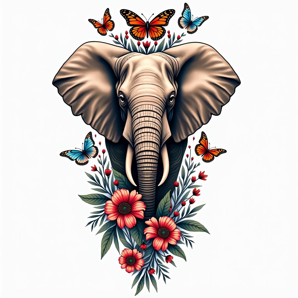 A vibrant and abstract boho-style tattoo featuring colorful flowers and butterflies, incorporating an elephant as a central figure. Integrate the Cancer zodiac symbol (69) subtly into the design, with a color palette of red, blue, white, and black. The overall composition should convey themes of strength and peace, creating a harmonious blend of nature and zodiac symbolism.higly detailed tattoo - Variation 3
