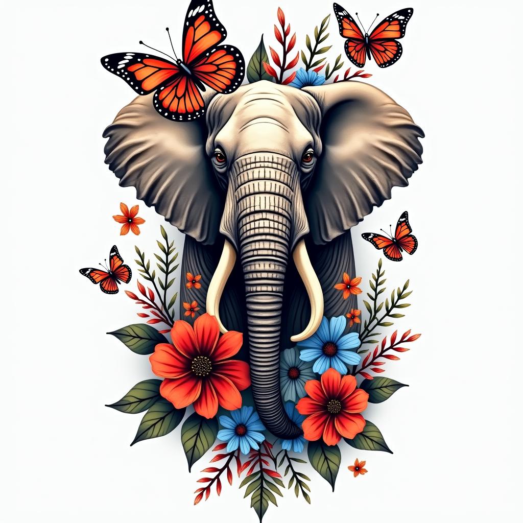 A vibrant and abstract boho-style tattoo featuring colorful flowers and butterflies, incorporating an elephant as a central figure. Integrate the Cancer zodiac symbol (69) subtly into the design, with a color palette of red, blue, white, and black. The overall composition should convey themes of strength and peace, creating a harmonious blend of nature and zodiac symbolism.higly detailed tattoo - Variation 2