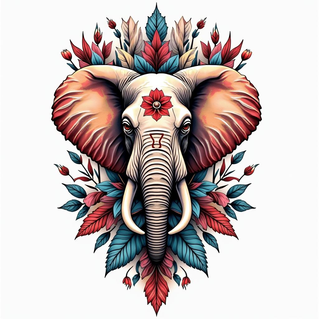 A vibrant and abstract boho-style tattoo featuring colorful flowers and butterflies, incorporating an elephant as a central figure. Integrate the Cancer zodiac symbol (69) subtly into the design, with a color palette of red, blue, white, and black. The overall composition should convey themes of strength and peace, creating a harmonious blend of nature and zodiac symbolism.higly detailed tattoo - Variation 4
