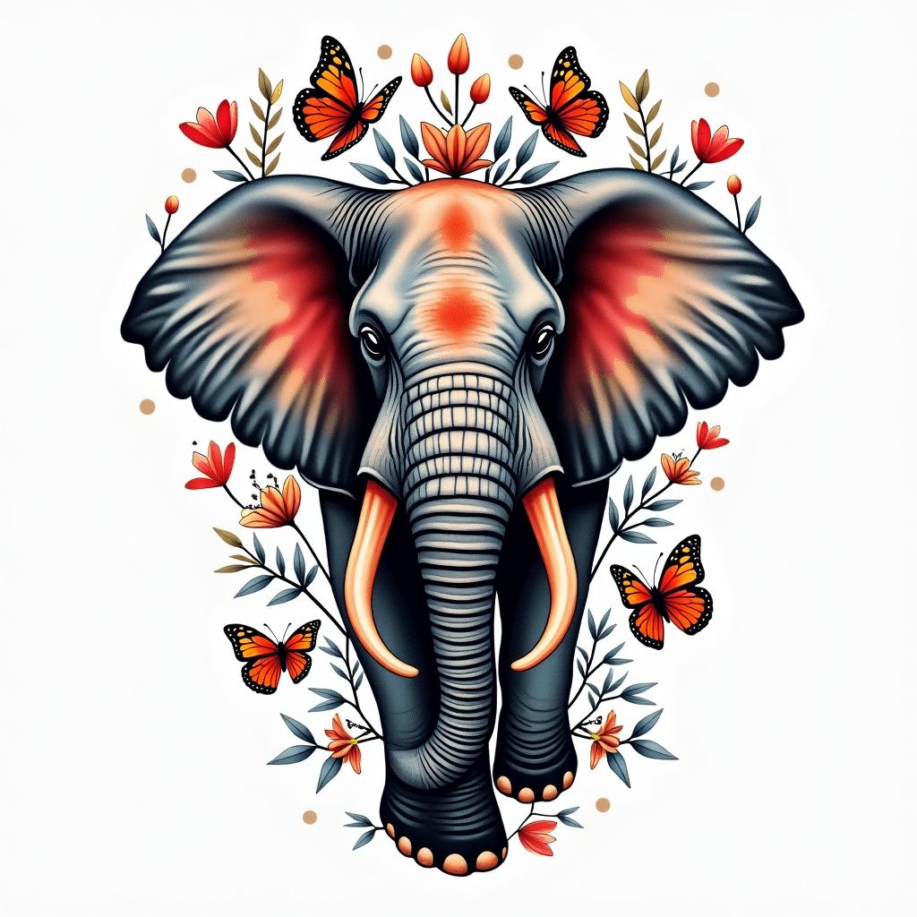 A vibrant and abstract boho-style tattoo featuring colorful flowers and butterflies, incorporating an elephant as a central figure. Integrate the Cancer zodiac symbol (69) subtly into the design, with a color palette of red, blue, white, and black. The overall composition should convey themes of strength and peace, creating a harmonious blend of nature and zodiac symbolism.higly detailed tattoo