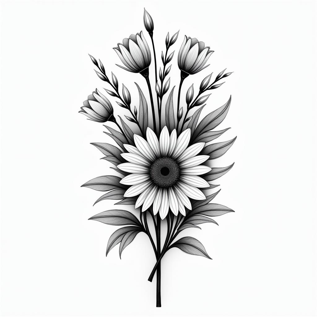 Birthday flowe bouquet July august February Decemberhigly detailed tattoo