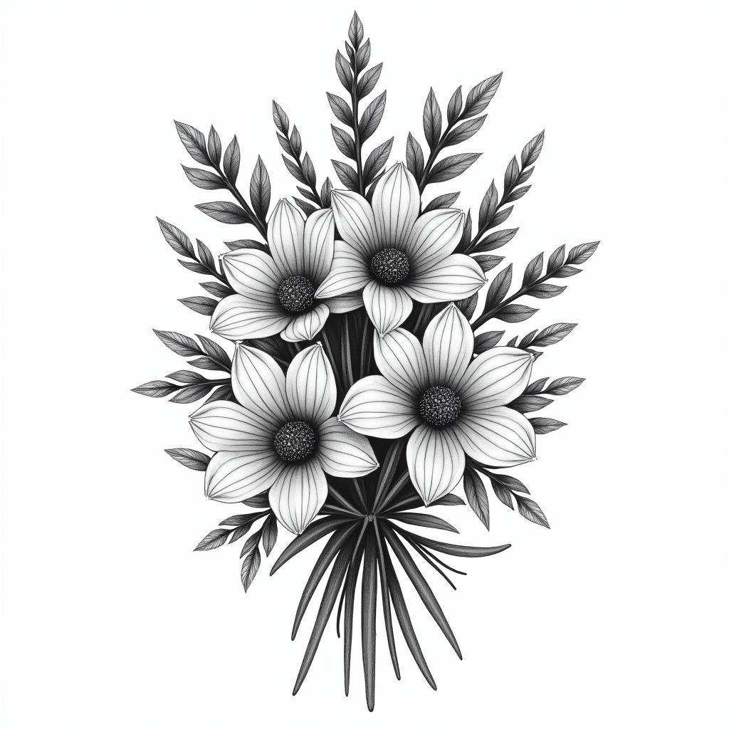 Birthday flowe bouquet July august February Decemberhigly detailed tattoo - Variation 3