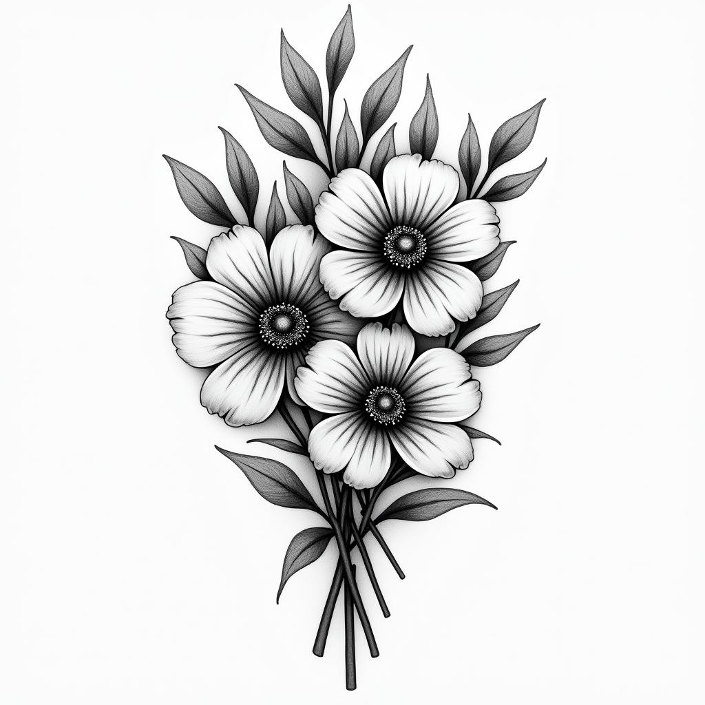 Birthday flowe bouquet July august February Decemberhigly detailed tattoo - Variation 4