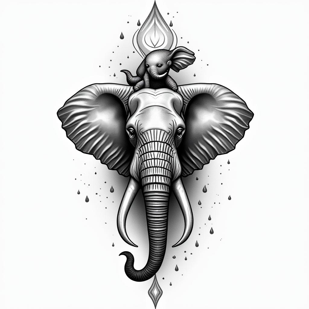A beautiful tattoo design featuring the ankh and water flowing gracefully, symbolizing healing and spirituality. The design includes a free-spirited style elephant with a baby elephant, representing motherhood. The word "Ohana" is elegantly integrated into the design, reflecting love and familial connection. The overall composition conveys a sense of harmony and self-love, capturing a transformative journey.higly detailed tattoo