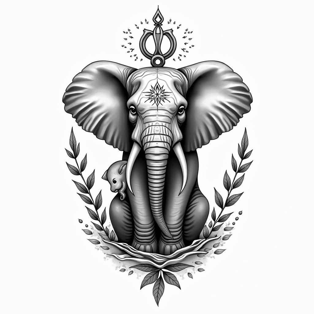 A beautiful tattoo design featuring the ankh and water flowing gracefully, symbolizing healing and spirituality. The design includes a free-spirited style elephant with a baby elephant, representing motherhood. The word "Ohana" is elegantly integrated into the design, reflecting love and familial connection. The overall composition conveys a sense of harmony and self-love, capturing a transformative journey.higly detailed tattoo - Variation 2