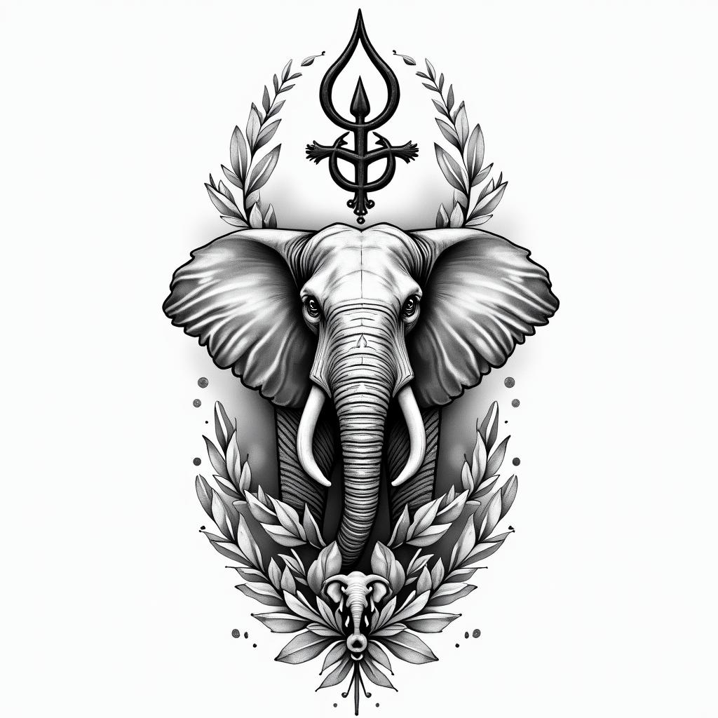 A beautiful tattoo design featuring the ankh and water flowing gracefully, symbolizing healing and spirituality. The design includes a free-spirited style elephant with a baby elephant, representing motherhood. The word "Ohana" is elegantly integrated into the design, reflecting love and familial connection. The overall composition conveys a sense of harmony and self-love, capturing a transformative journey.higly detailed tattoo - Variation 4