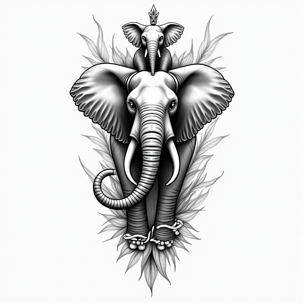 A beautiful tattoo design featuring the ankh and water flowing gracefully, symbolizing healing and spirituality. The design includes a free-spirited style elephant with a baby elephant, representing motherhood. The word "Ohana" is elegantly integrated into the design, reflecting love and familial connection. The overall composition conveys a sense of harmony and self-love, capturing a transformative journey.higly detailed tattoo - Variation 3