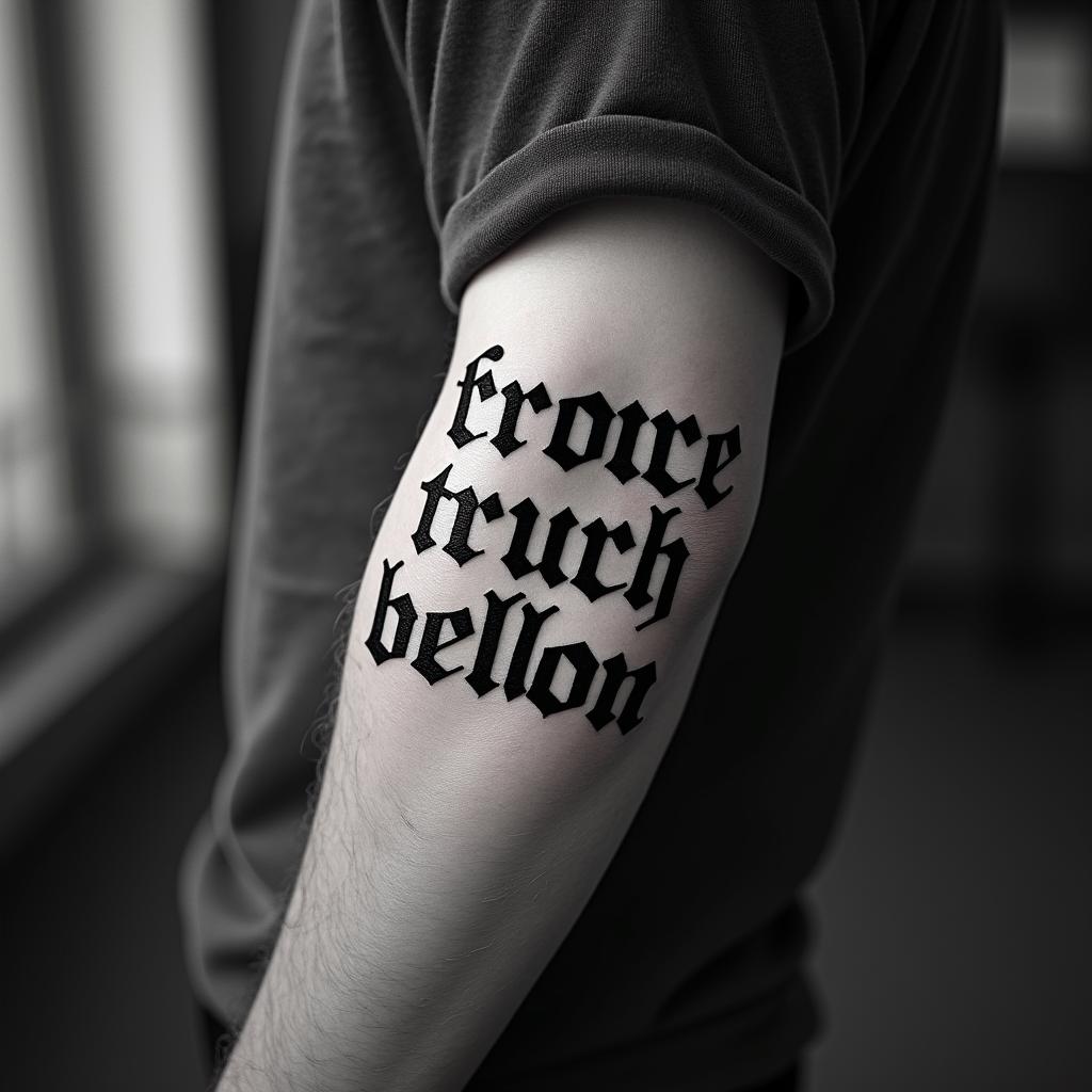New Mexicotext-based tattoo, gothic font ultra-realistic, perfectly placed, high-quality font design, photo-realistic shading, 8k, high quality, finely detailed typography