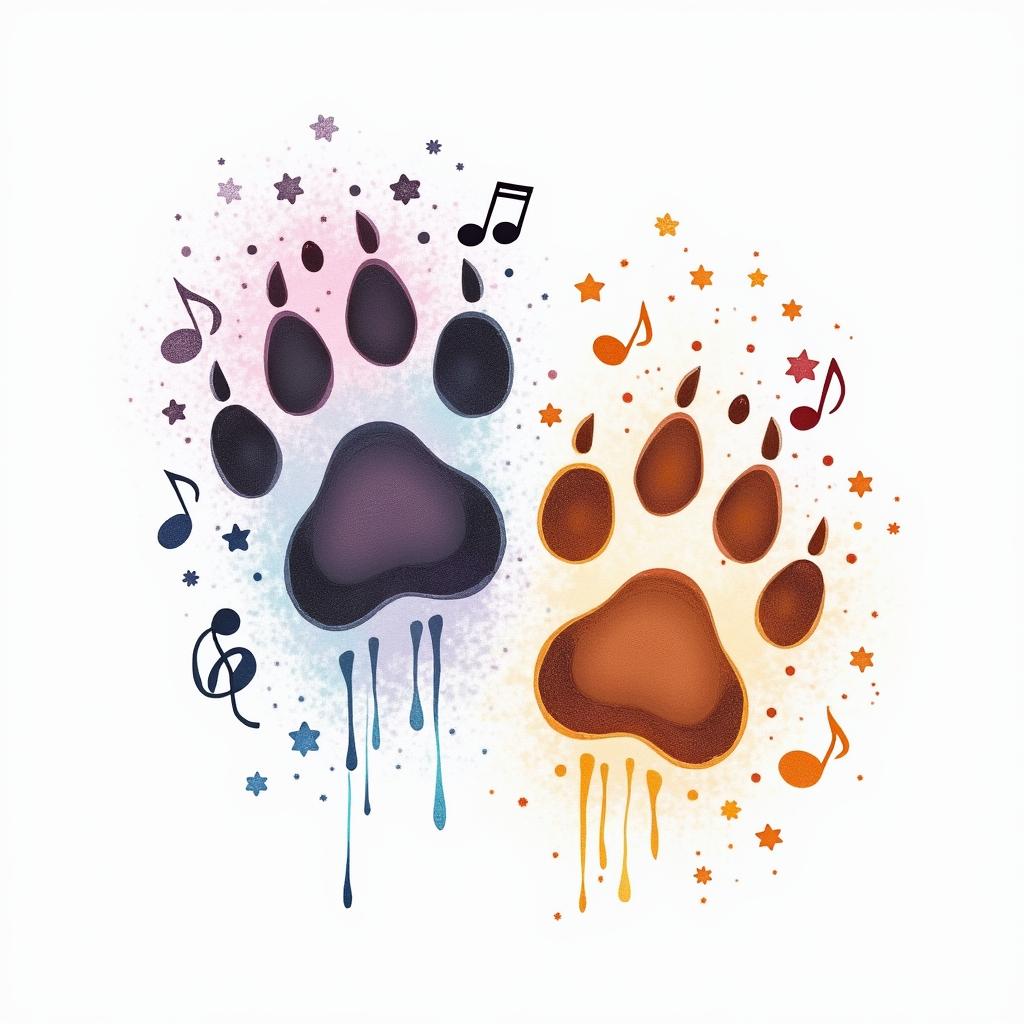 A tattoo consisting of the small paw prints of a long-haired gray chihuahua named Shadows and a tan short-haired teacup chihuahua named Willow, designed in the style of the Marauder's Map. The paw prints are outlined in black and feature vibrant colors, including shades of pink, purple, soft blue, and bright yellow, with a watercolor or ink splatter effect. Musical notes swirl around Shadows' paw print to symbolize howling together, while playful toy icons and motion lines dance around Willow's paw print, capturing her energetic spirit. The overall design radiates joy, life, and playfulness.higly detailed tattoo - Variation 2