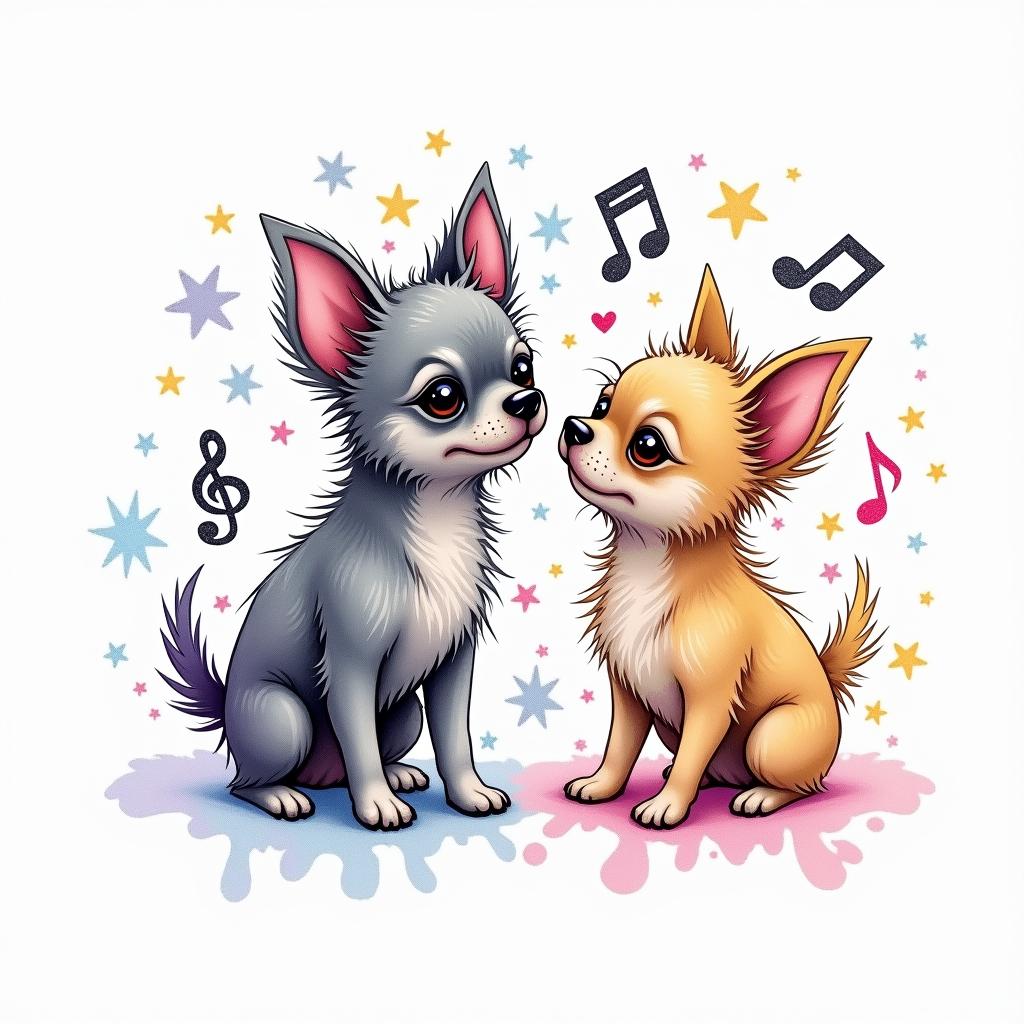 A tattoo consisting of the small paw prints of a long-haired gray chihuahua named Shadows and a tan short-haired teacup chihuahua named Willow, designed in the style of the Marauder's Map. The paw prints are outlined in black and feature vibrant colors, including shades of pink, purple, soft blue, and bright yellow, with a watercolor or ink splatter effect. Musical notes swirl around Shadows' paw print to symbolize howling together, while playful toy icons and motion lines dance around Willow's paw print, capturing her energetic spirit. The overall design radiates joy, life, and playfulness.higly detailed tattoo - Variation 4