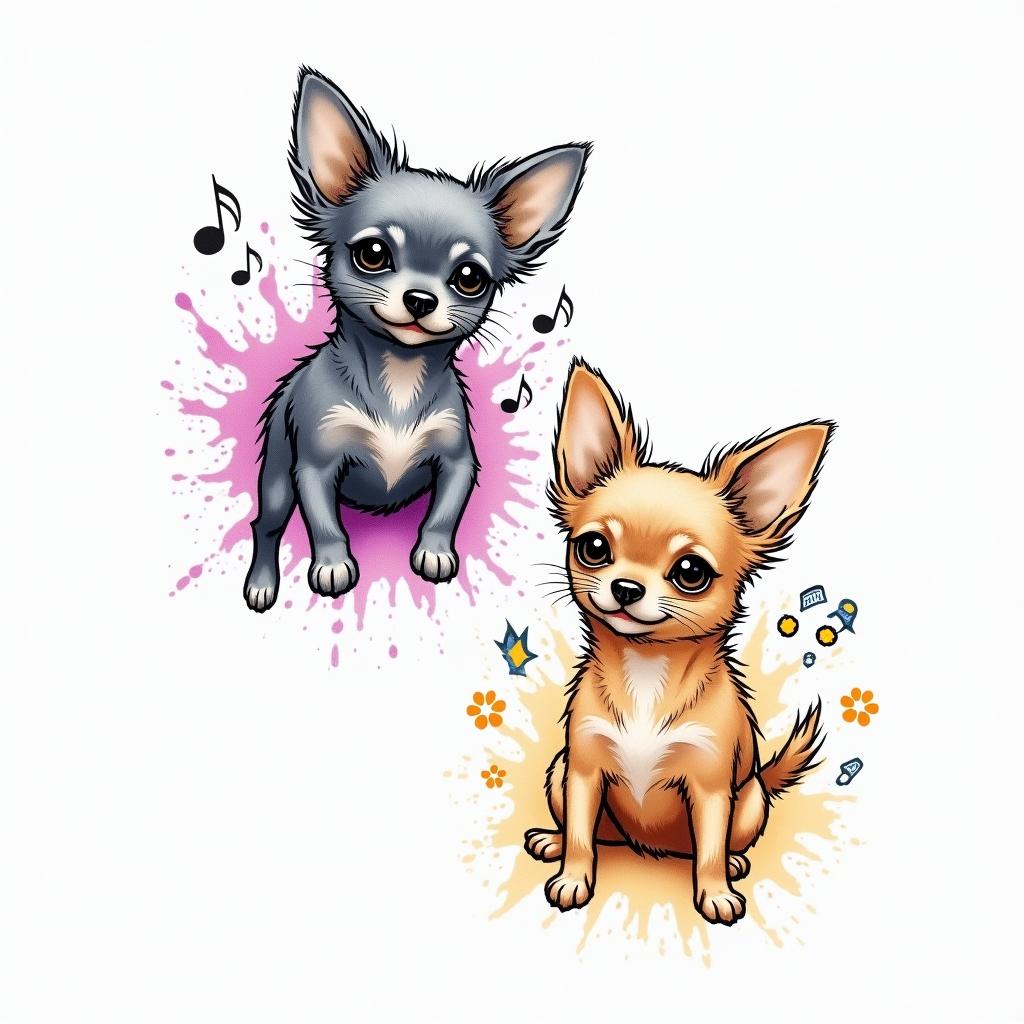 A tattoo consisting of the small paw prints of a long-haired gray chihuahua named Shadows and a tan short-haired teacup chihuahua named Willow, designed in the style of the Marauder's Map. The paw prints are outlined in black and feature vibrant colors, including shades of pink, purple, soft blue, and bright yellow, with a watercolor or ink splatter effect. Musical notes swirl around Shadows' paw print to symbolize howling together, while playful toy icons and motion lines dance around Willow's paw print, capturing her energetic spirit. The overall design radiates joy, life, and playfulness.higly detailed tattoo