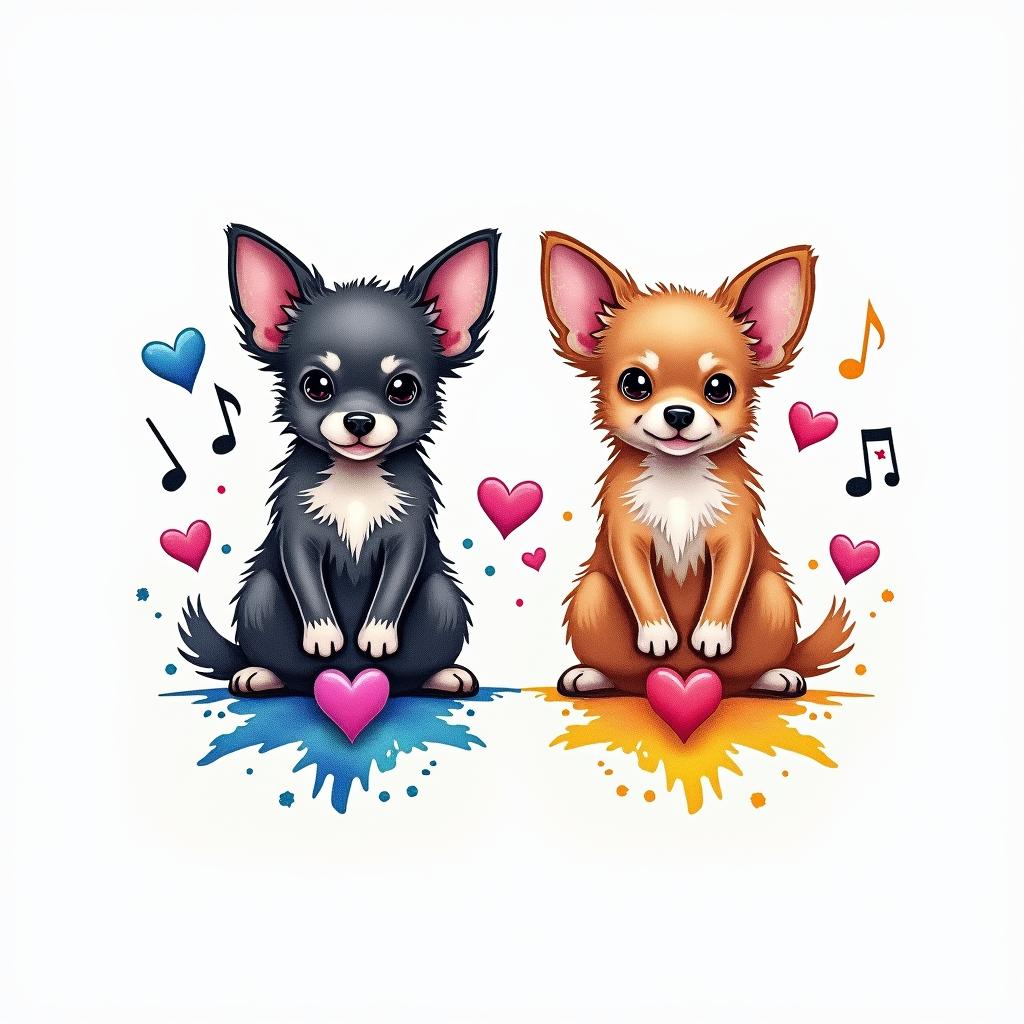 A tattoo consisting of the small paw prints of a long-haired gray chihuahua named Shadows and a tan short-haired teacup chihuahua named Willow, designed in the style of the Marauder's Map. The paw prints are outlined in black and feature vibrant colors, including shades of pink, purple, soft blue, and bright yellow, with a watercolor or ink splatter effect. Musical notes swirl around Shadows' paw print to symbolize howling together, while playful toy icons and motion lines dance around Willow's paw print, capturing her energetic spirit. The overall design radiates joy, life, and playfulness.higly detailed tattoo - Variation 3