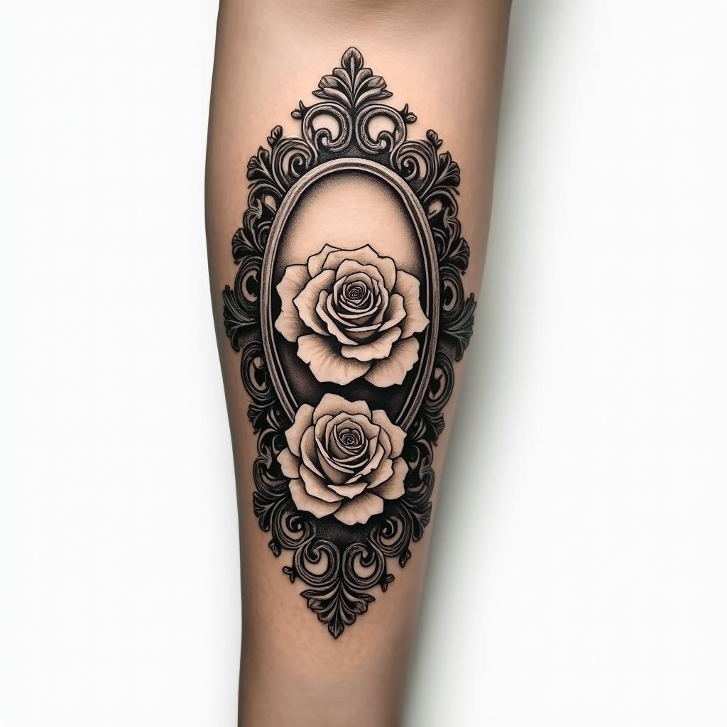 Forearmin victorian style tattoo, featuring vintage and elegant elements, ornate frames, roses, antique, sepia-toned color scheme - Variation 2