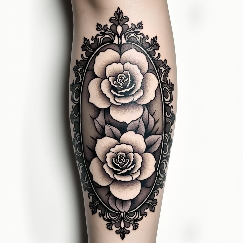 Forearmin victorian style tattoo, featuring vintage and elegant elements, ornate frames, roses, antique, sepia-toned color scheme - Variation 3