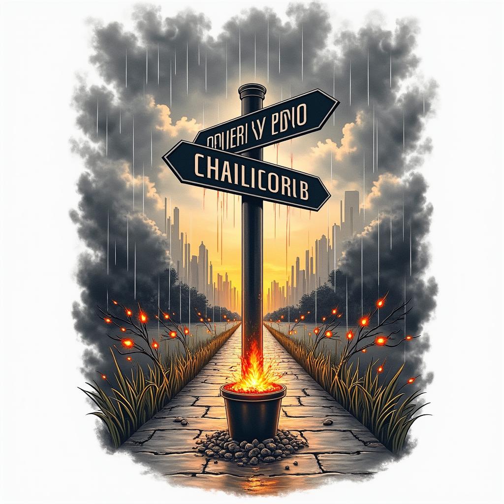 A dramatic tattoo design featuring the crossroads of “Fulton Industrial” and “Ohio River Blvd” symbolizing the beginning of a journey. Incorporate a stormy sky with dramatic rain and tears cascading down. Along the path, include elements of paraphernalia and garbage, leading to a vibrant pot of gold at the end of a rainbow, representing hope and a happy ending. Use rich colors to emphasize the emotional depth of the journey.higly detailed tattoo - Variation 2
