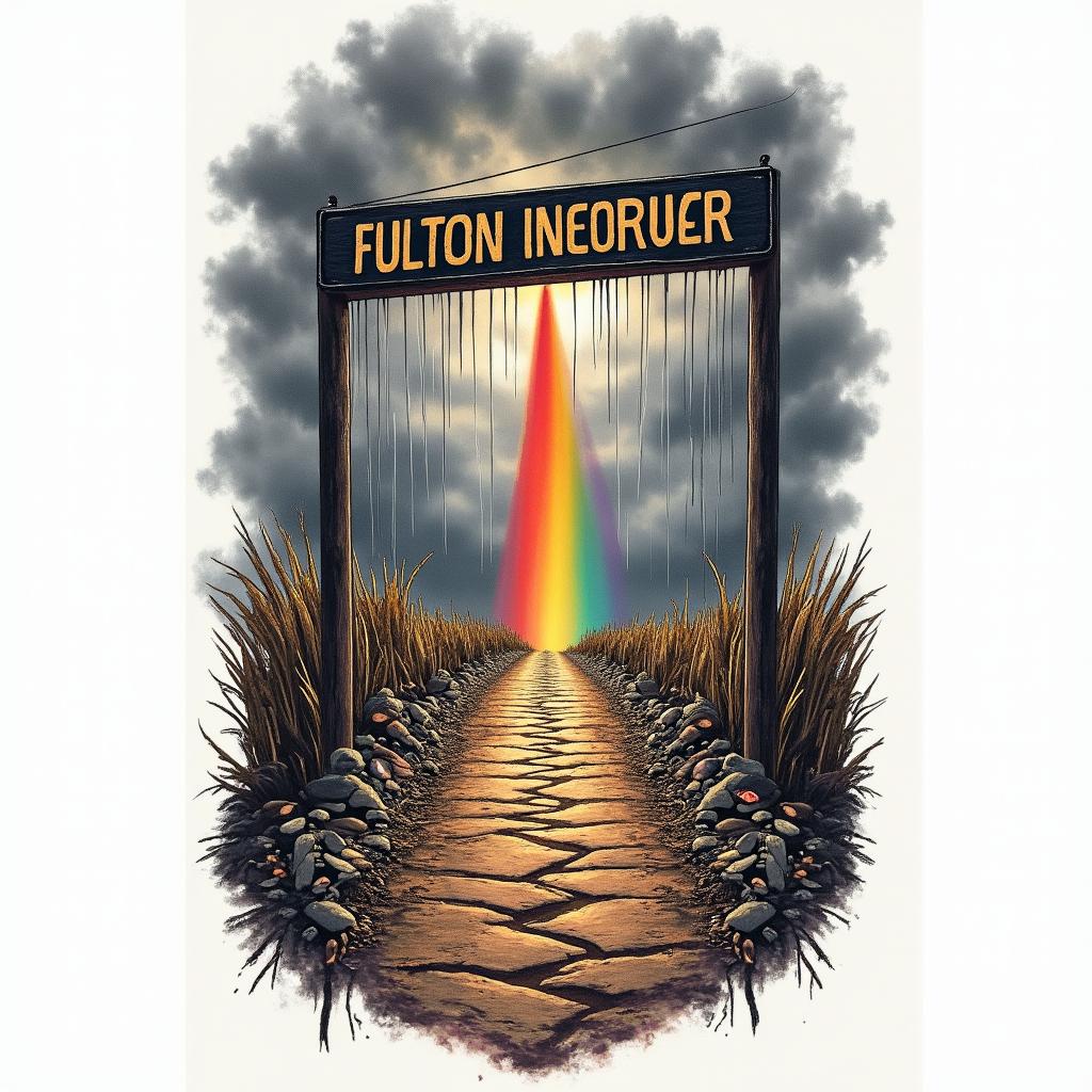 A dramatic tattoo design featuring the crossroads of “Fulton Industrial” and “Ohio River Blvd” symbolizing the beginning of a journey. Incorporate a stormy sky with dramatic rain and tears cascading down. Along the path, include elements of paraphernalia and garbage, leading to a vibrant pot of gold at the end of a rainbow, representing hope and a happy ending. Use rich colors to emphasize the emotional depth of the journey.higly detailed tattoo - Variation 4